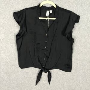 Joie Womens Shirt Large Black Satin Button Ruffle Tie‎ Front Hem Career Crop